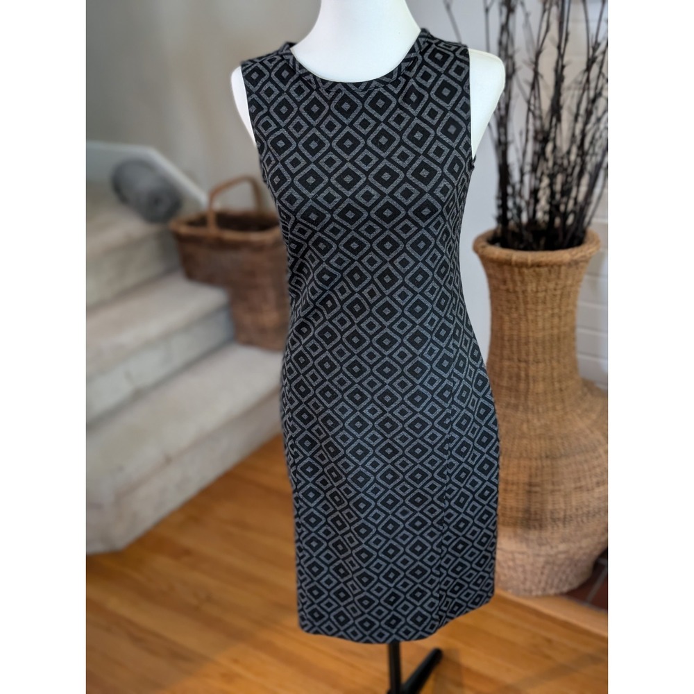 Maxi Geometric Knit Sheath Dress Small Black Gray Stretch Sleeveless Cutout Back